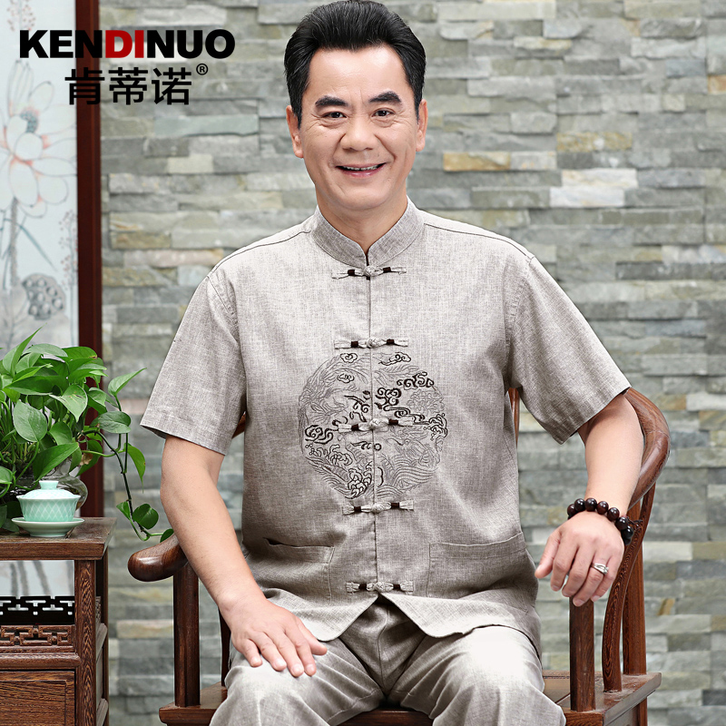 唐装男中老年人爸爸夏装棉麻老人衣服中国风男装爷爷短袖亚麻套装