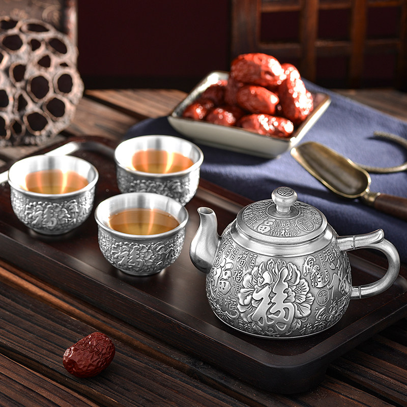 爱吉银壶泡茶999足银茶壶纯手工煮茶烧水壶荷花盏足银茶具套装