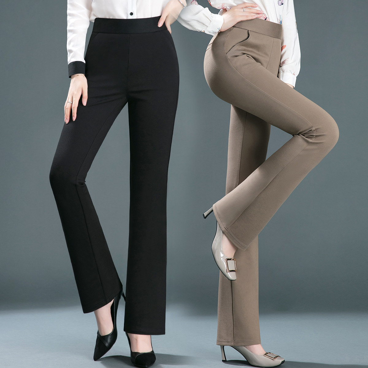 春季中年女裤弹力修身显瘦松紧腰喇叭裤春秋女士高腰微喇休闲长裤