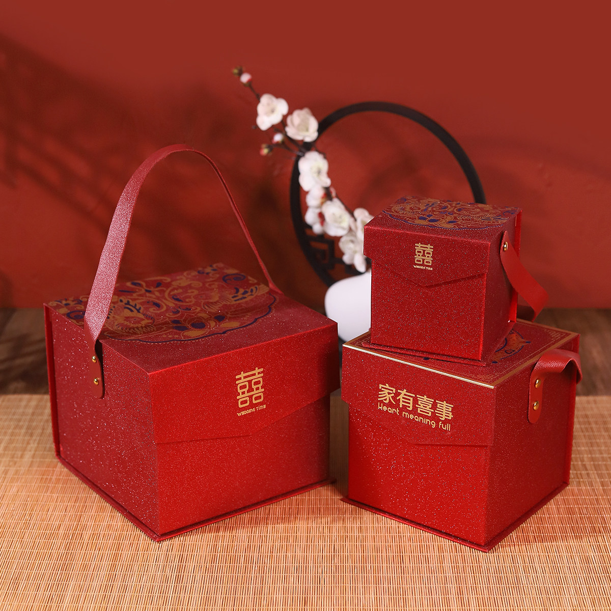 家有喜事双喜鸳鸯深红色烫金古典中国风翻盖手拎伴手礼盒婚礼喜糖