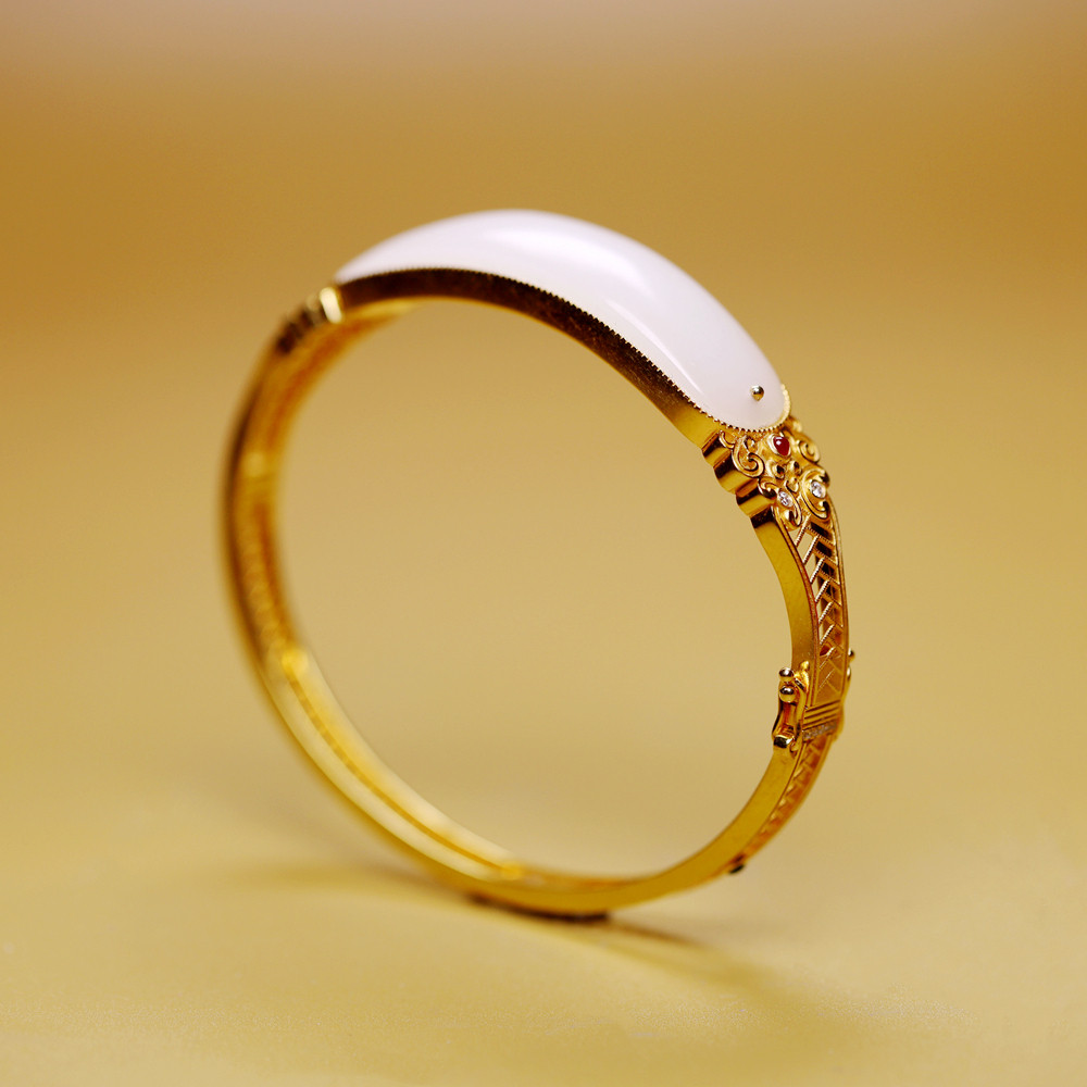 赢玉清 原创18k黄金镶嵌和田玉手牌au750羊脂白玉手镯女定制苏工