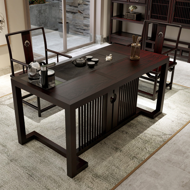 华巢新中式禅意茶桌实木白蜡木黑檀色火烧石茶台长约1.6米泡茶桌