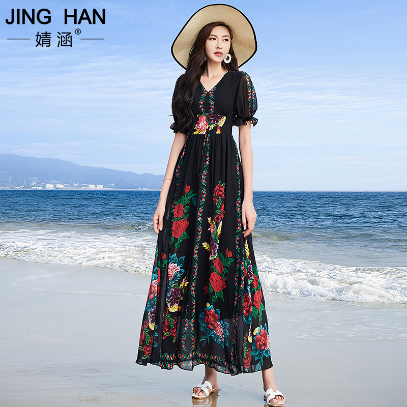 印花雪纺连衣裙2019新款夏过膝流行长款长裙女高腰气质民族风裙子