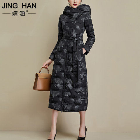 婧涵花色羽绒服女2019新款爆款冬季长款过膝时尚白鸭绒加厚冬装