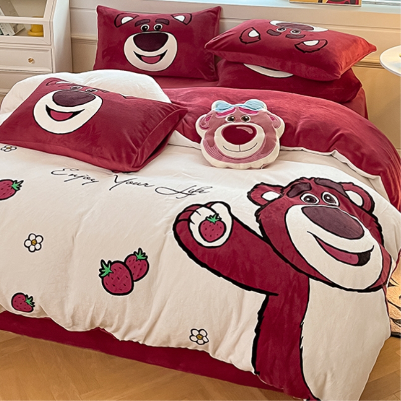 迪士尼草莓熊牛奶绒四件套冬季加厚珊瑚绒法兰被套床单床上用品