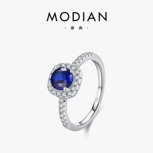 MODIAN摩典S925纯银满钻超闪仿真蓝宝石戒指女高级感复古奢华钻戒