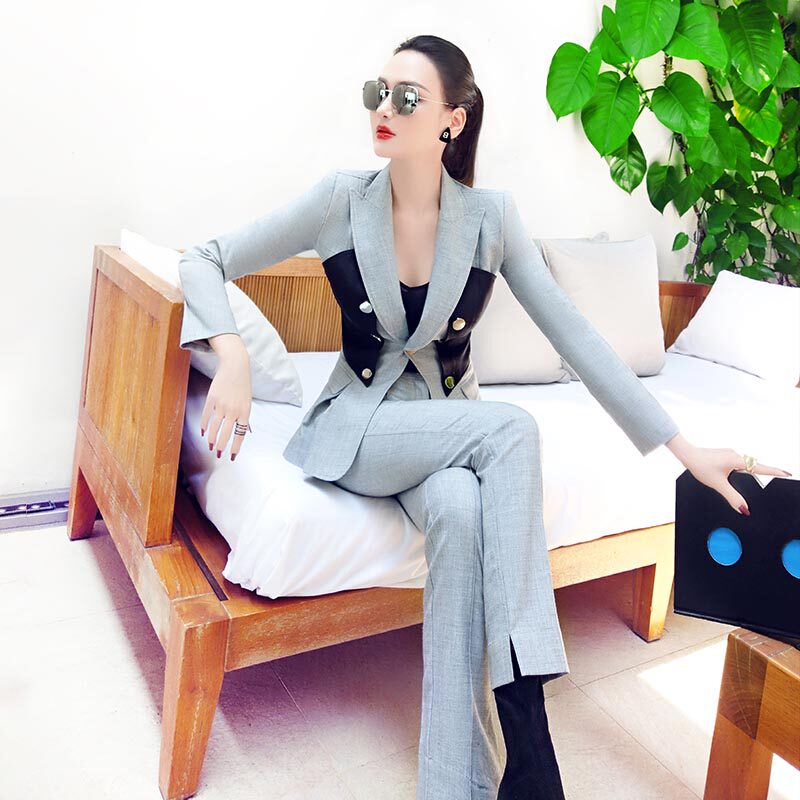 vje撞色小众设计西装套装女新款时尚西服外套小脚西裤两件套