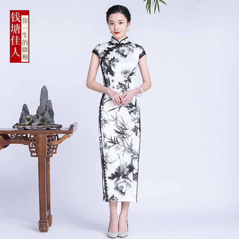 钱塘佳人桑蚕丝真丝旗袍女长款气质优雅水墨改良中国风复古连衣裙