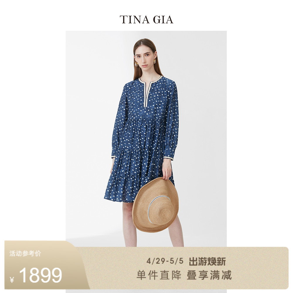 TINAGIA天纳吉儿春季桑蚕丝棉波点长袖连衣裙女裙子