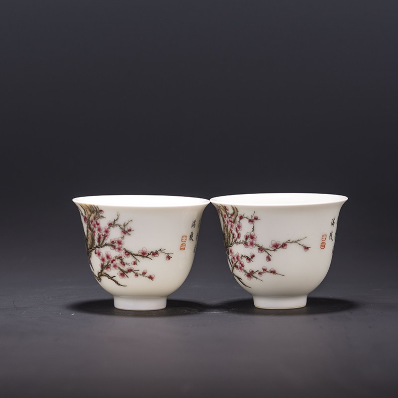 青年陶瓷艺术家 陈慕青作品 珐琅彩花鸟对杯