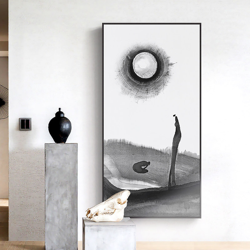 夜阑江色新中式黑白水墨装饰画禅意玄关装饰画竖版过道走廊壁画