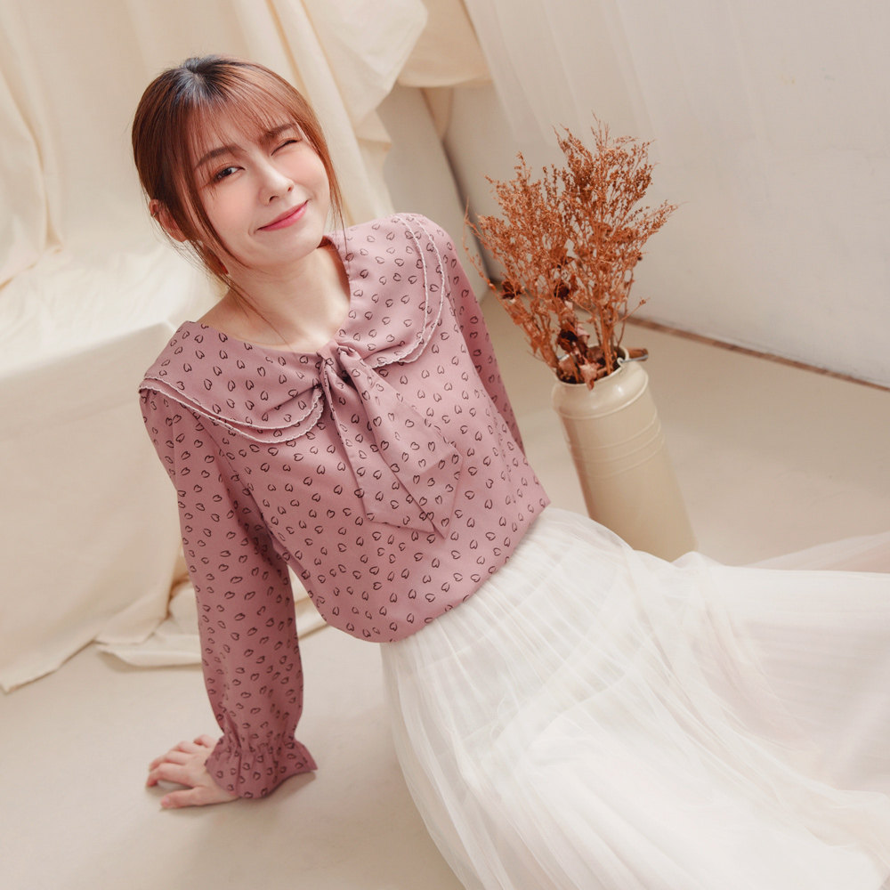 甜美少女_桔熊春秋甜美海军领娃娃衫荷叶袖印花雪纺衫上衣少女大码ab