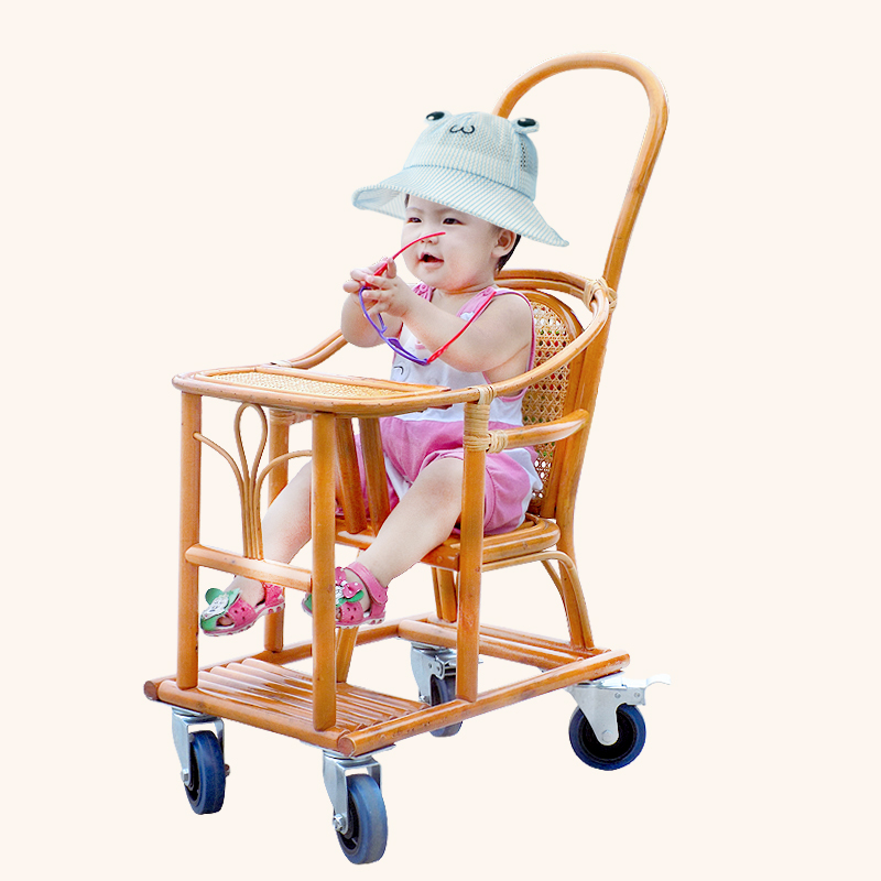 竹藤儿童手推车高景观宝宝推车轻便藤编婴儿餐车椅子真藤四轮藤车