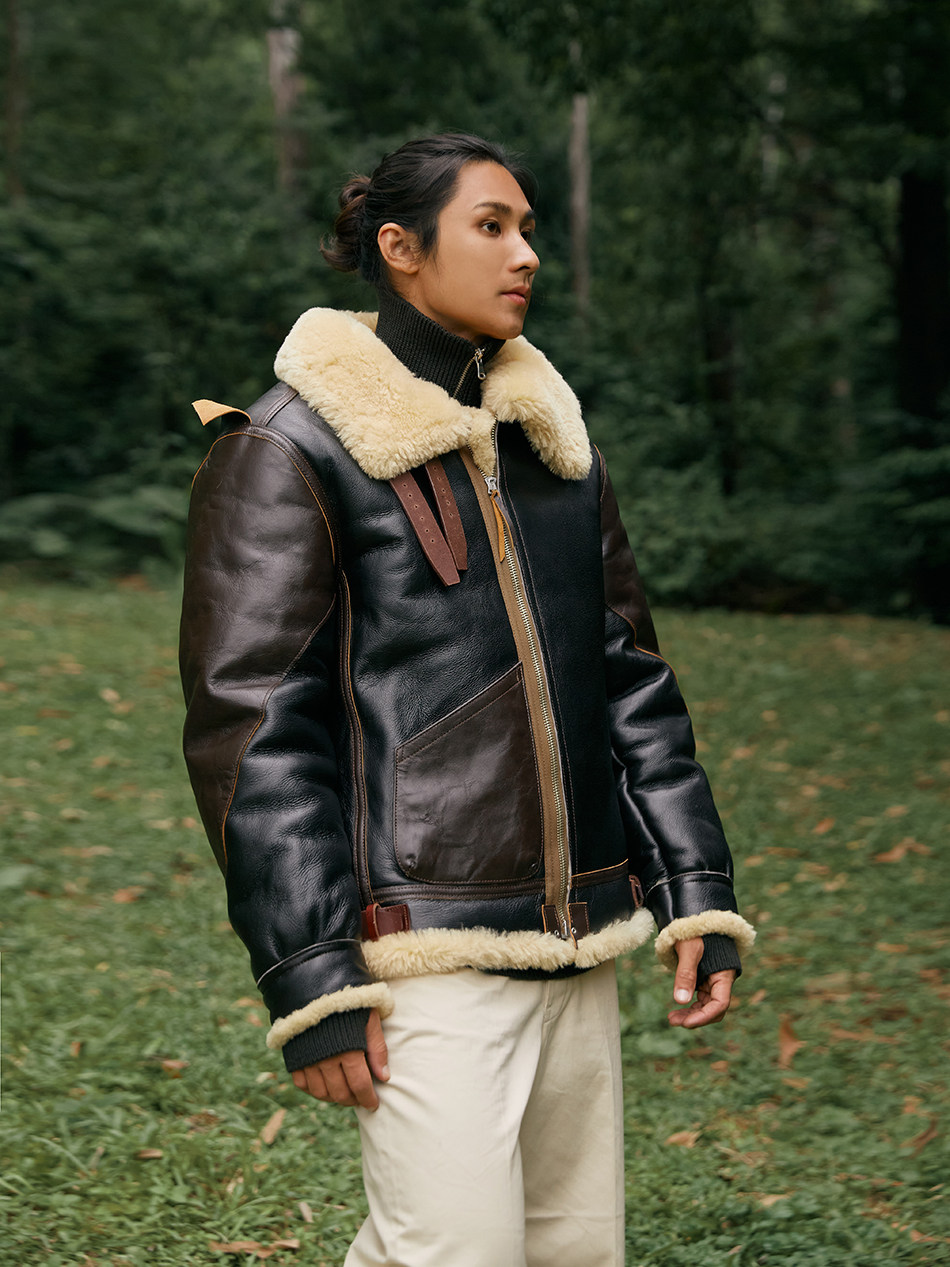 轰炸机夹克!手工皮毛一体经典男飞行员b3外套复古真皮衣优惠券