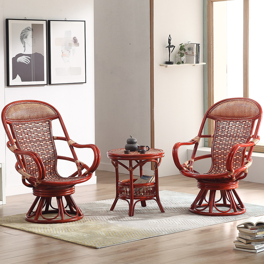 天然藤编制藤椅三件套阳台休闲桌椅纯手工编织韧性强360度静音旋转