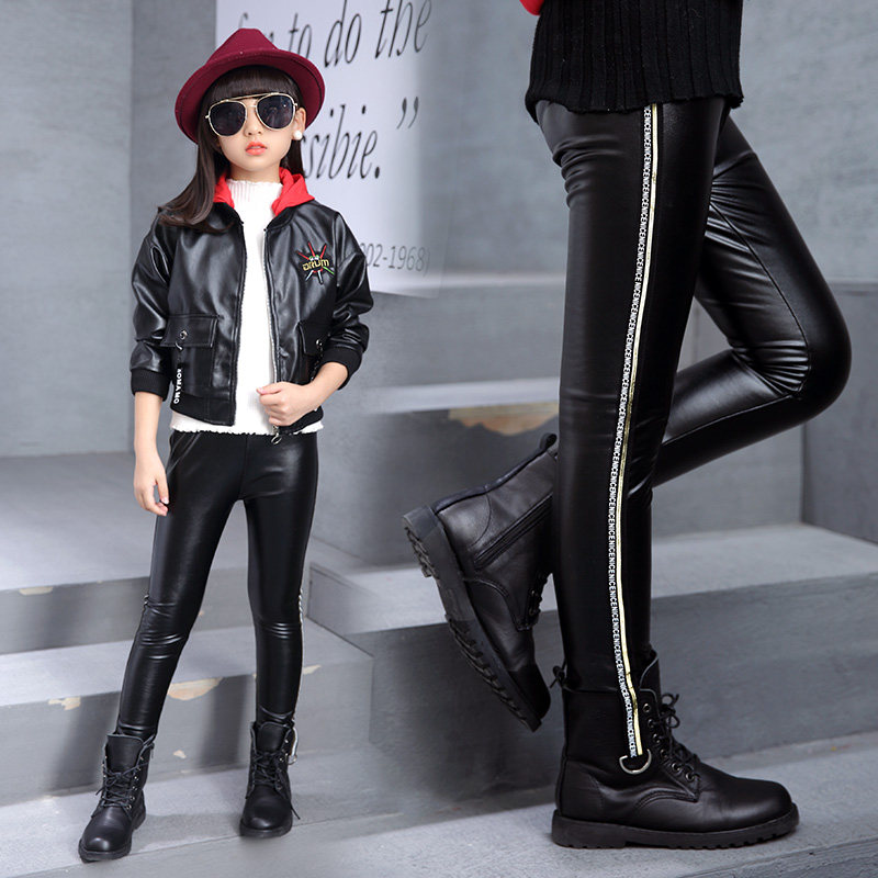 女童皮裤加绒2018秋冬新款宝宝加厚pu皮打底裤儿童修身长裤小脚裤