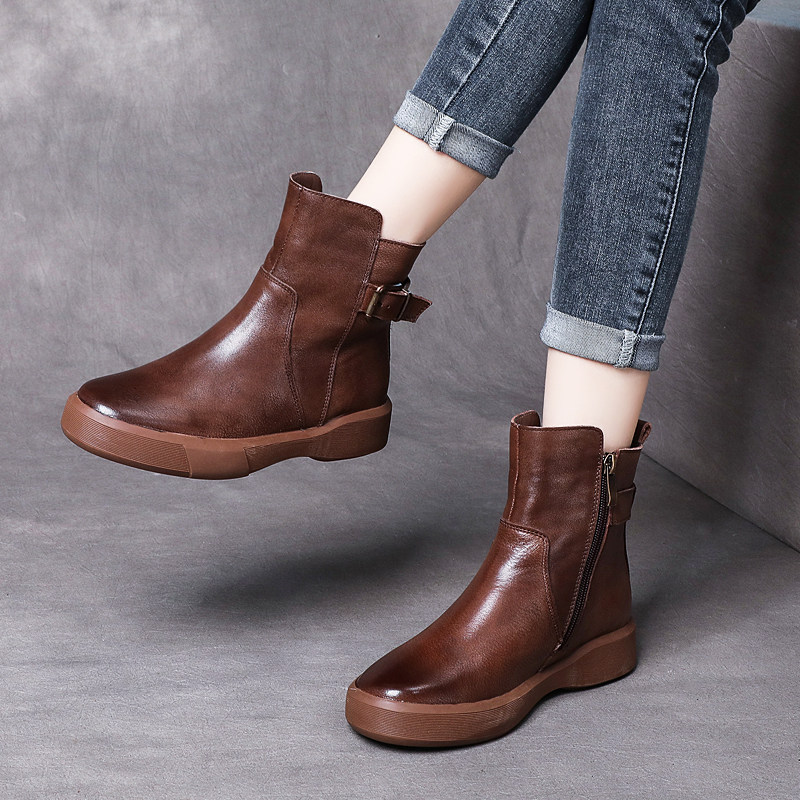 真皮马丁靴女士春秋单靴短靴软底小皮靴子平底复古棕色软皮鞋女靴