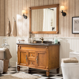 美式浴室柜落地式红橡木现代卫浴柜实木洗漱台大理石洗脸盆柜组合