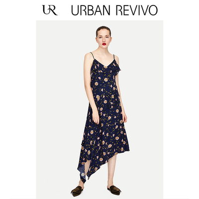 UR2018秋季新品女装修身碎花印花荷叶边吊带连衣裙WE28S