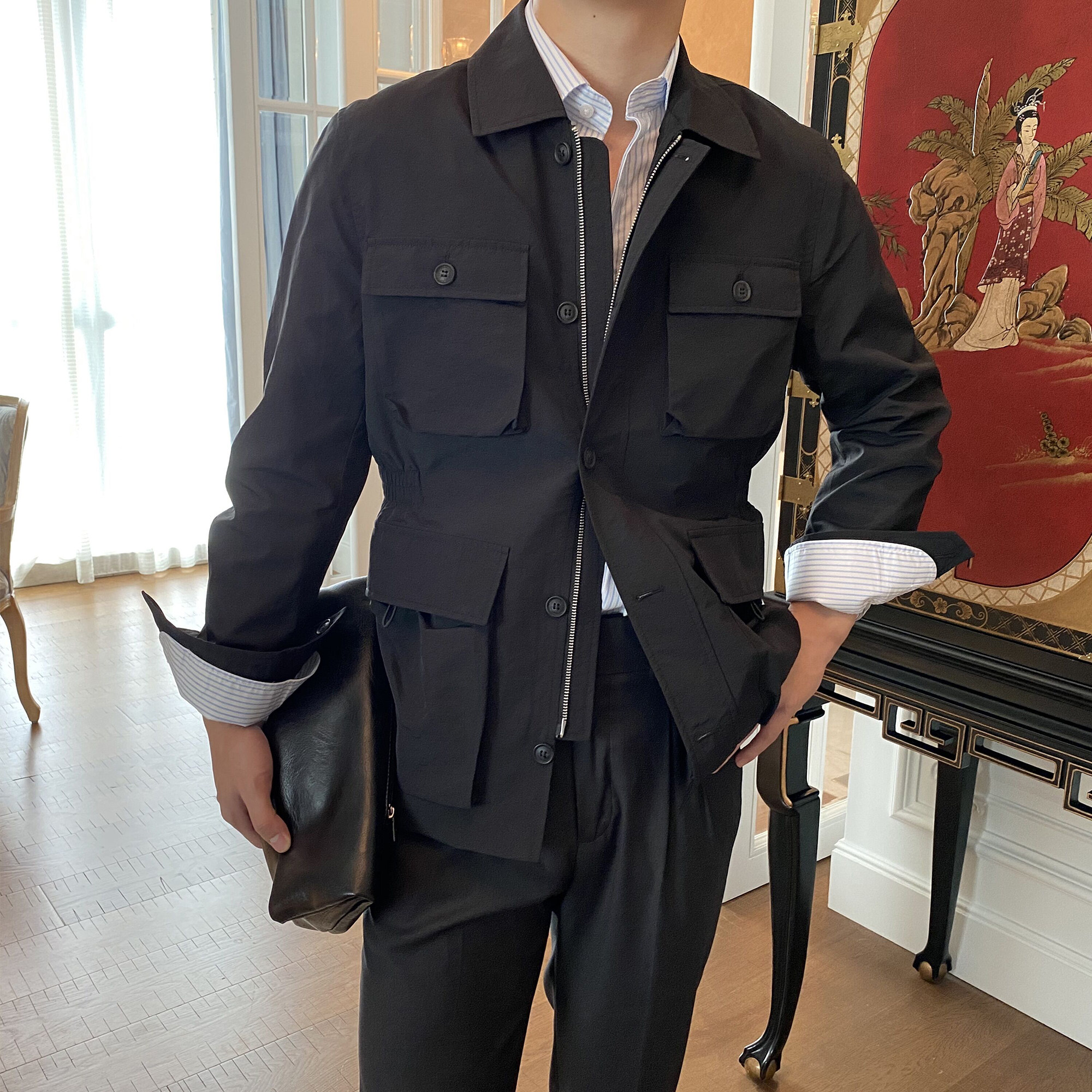 摩摹男装秋季韩国东大门工装夹克男英伦时尚绅士修身猎装外套潮