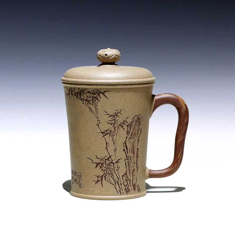 【畅陶】宜兴原矿紫砂杯李建军全手工芝麻段 奇石劲竹盖杯310cc