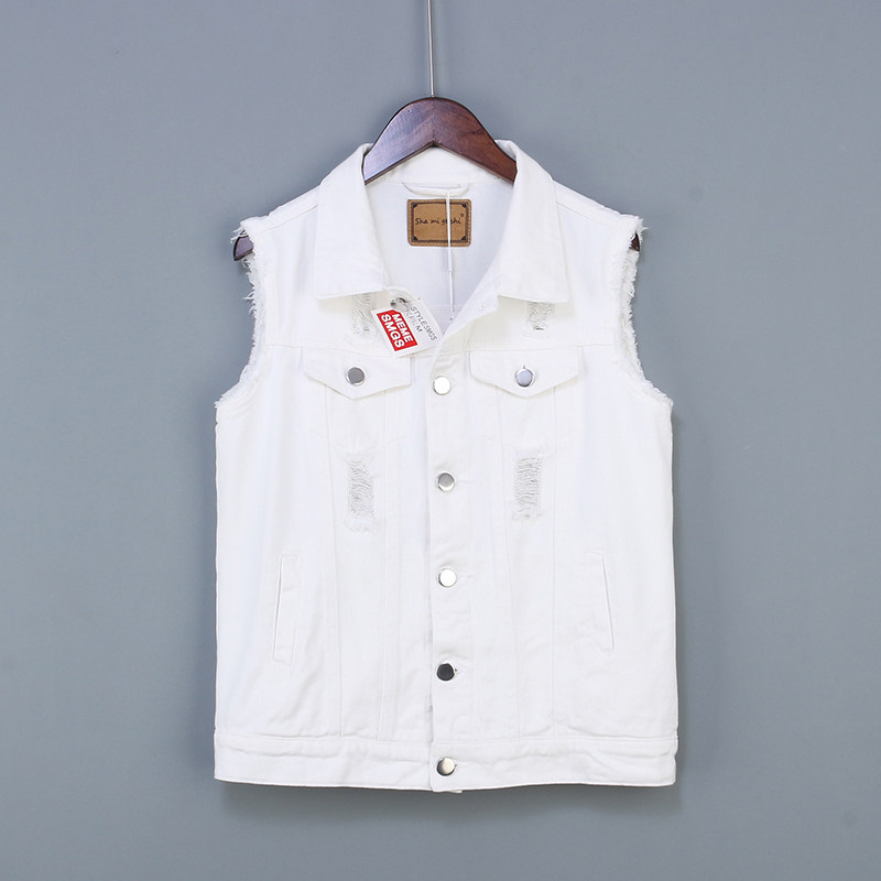 2022年春秋白色牛仔马甲女短款薄破洞显瘦坎肩无袖外套背心大码潮