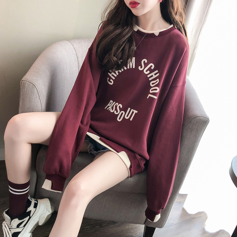韩国女装2019新款宽松加绒假两件上衣秋冬季圆领大码加厚卫衣女潮