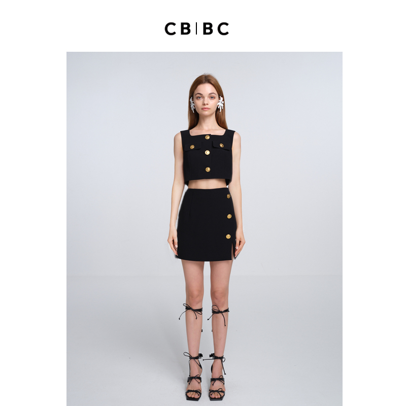 卜柯文CBCB 2023年夏季新款 黑色小香风马甲上衣开衩半身一步裙