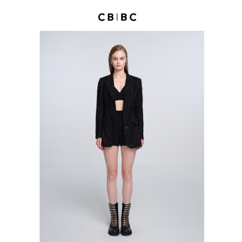 卜柯文CBCB 原创设计师 2023秋季新款亮丝黑色收腰西装女胸衣短裤