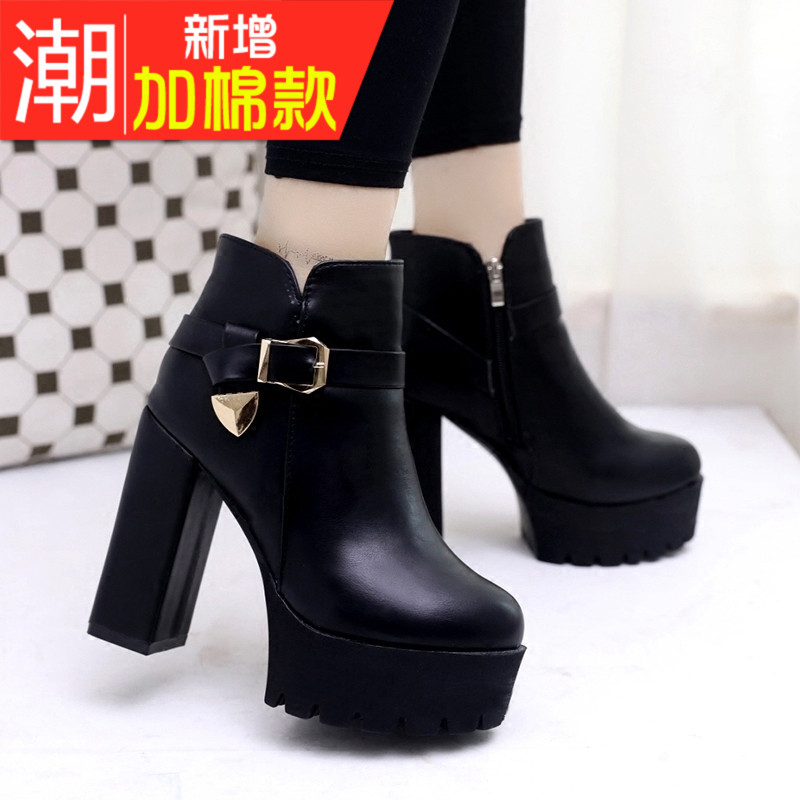 2017秋鼕季新款歐美粗跟高跟鞋加絨保暖靴子女短靴百搭女鞋子女靴