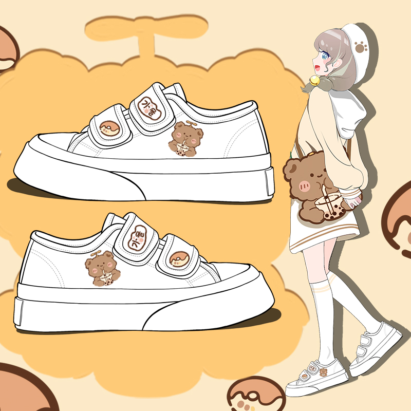 韩版卡通魔术贴帆布鞋女秋季中学生百搭圆头低帮平底休闲懒人鞋子
