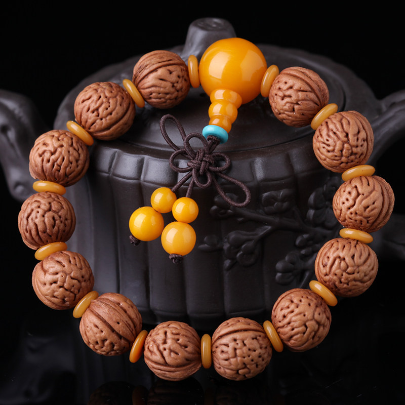 野生文玩山桃核手串红皮密脑纹小苹果核桃本命年单圈男女桃胡佛珠