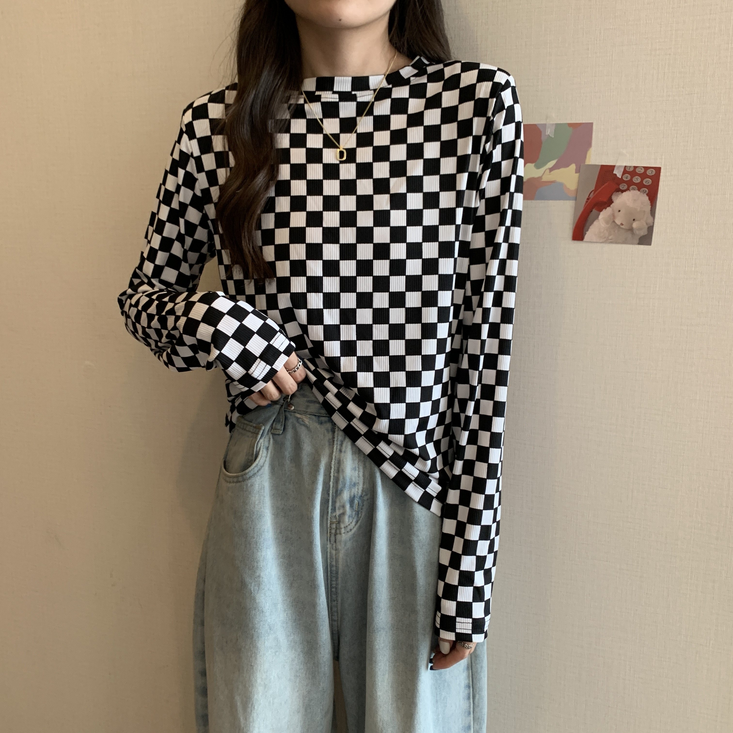 大码秋季新款时尚撞色黑白格子t恤女长袖春秋打底衫上衣,女装大码女装