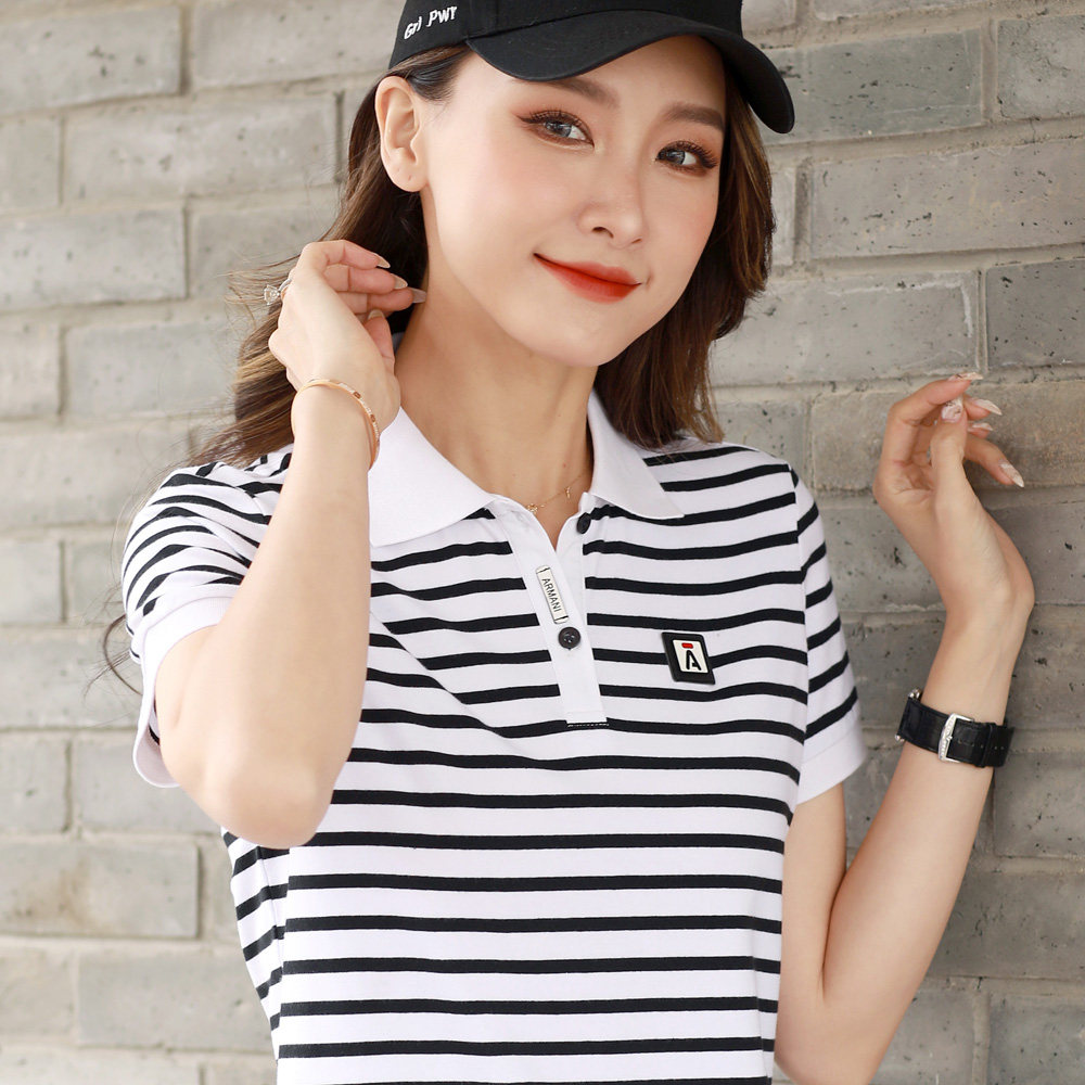 2022新款夏季条纹短袖t恤女大码宽松纯棉运动有领上衣翻领polo衫