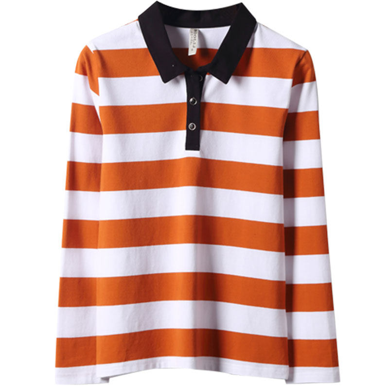 秋季翻领条纹t恤女长袖运动polo衫韩版修身上衣纯棉大码打底衫 - 古由