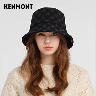 Kenmont卡蒙秋冬双面渔夫帽女百搭保暖时尚盆帽毛呢格子女帽子潮