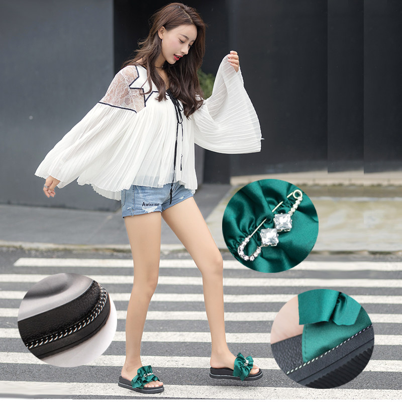 荷叶边拖鞋女夏2018新款时尚外穿一字拖韩版百搭厚底增高绸缎凉拖