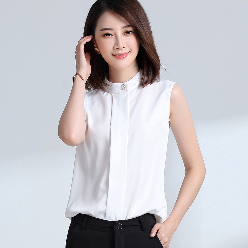 亿麦莎雪纺衫女无袖衬衫夏季2017新款白色打底衫春装宽松短款上衣