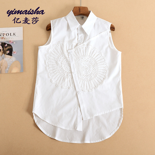 新疆棉春夏季新款白色衬衫女蕾丝拼接不规则衬衣上衣无袖打底衫