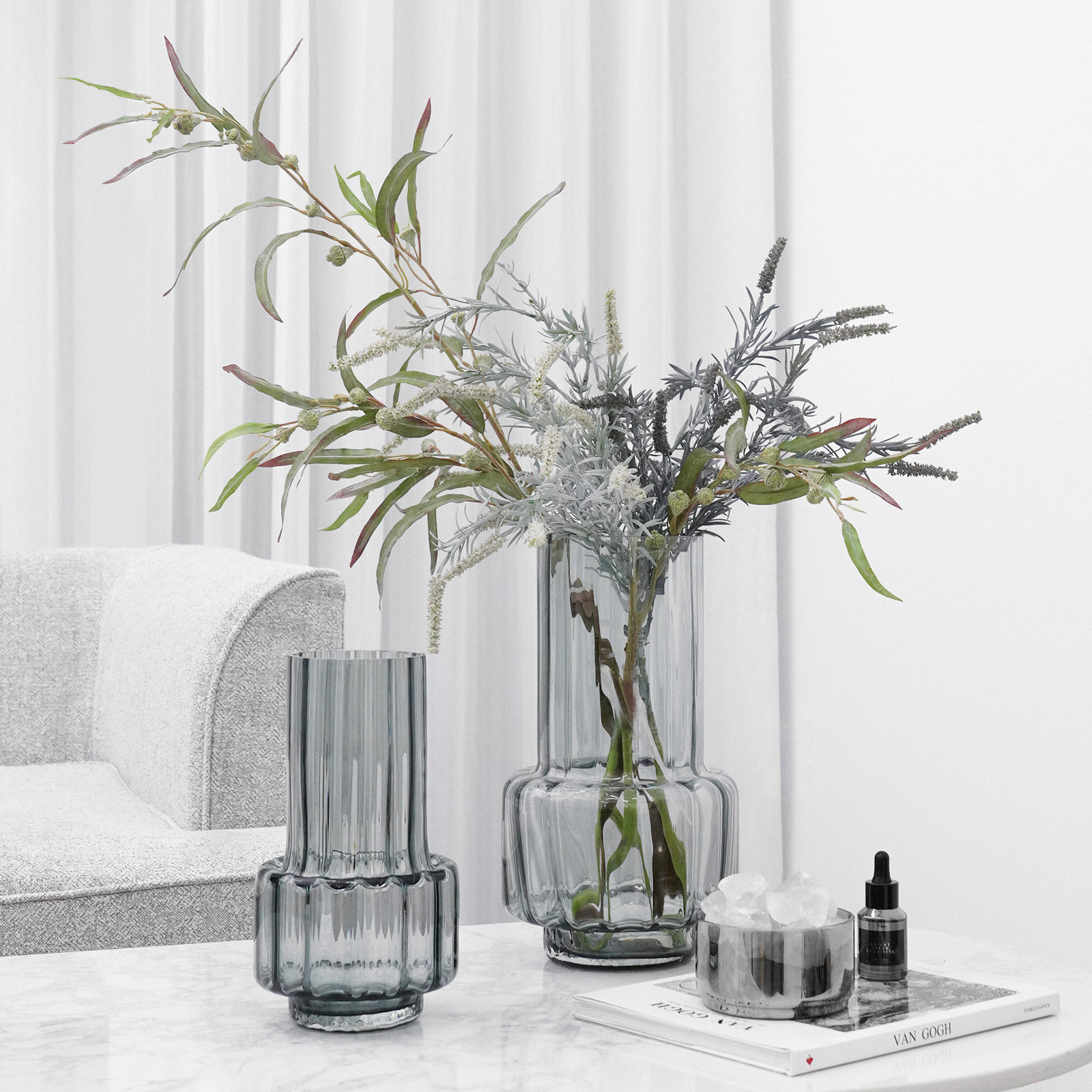 纳茉简约现代灰色竖纹玻璃水培花瓶花器插花客厅桌面装饰花艺摆件