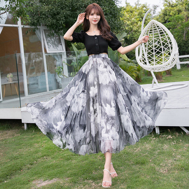 波西米亚风花色雪纺中长款半身裙 花裙子a字裙大摆女裙子沙滩长裙