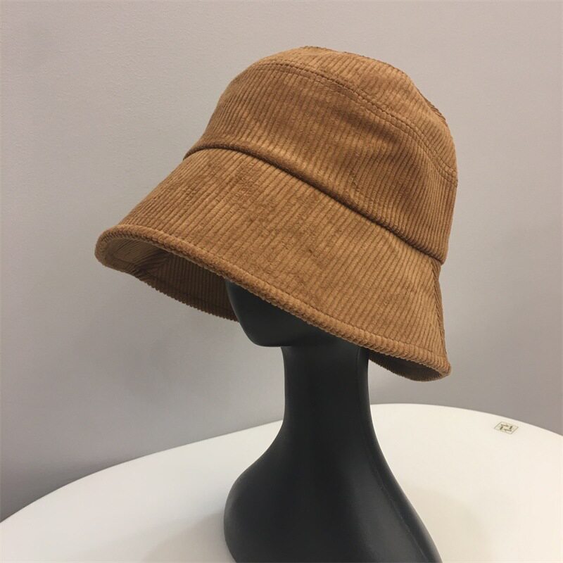 棕色帽子女秋冬季灯芯绒渔夫帽冬款大头围条绒2021年新款鱼夫冬天
