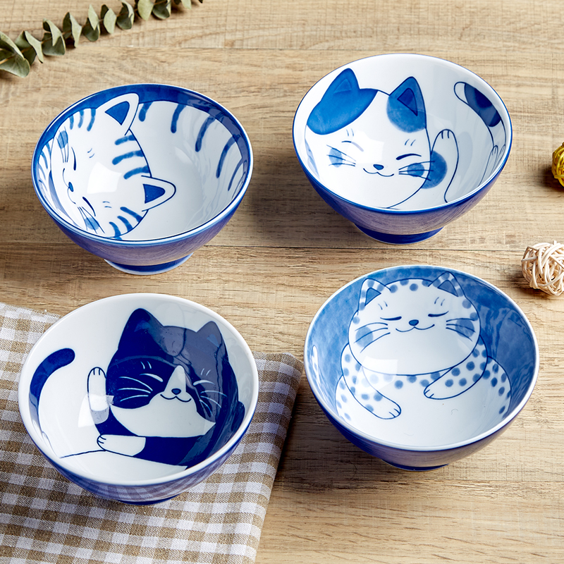 日本进口美浓烧米饭碗面碗家用招财猫釉下彩可爱卡通日式陶瓷餐具