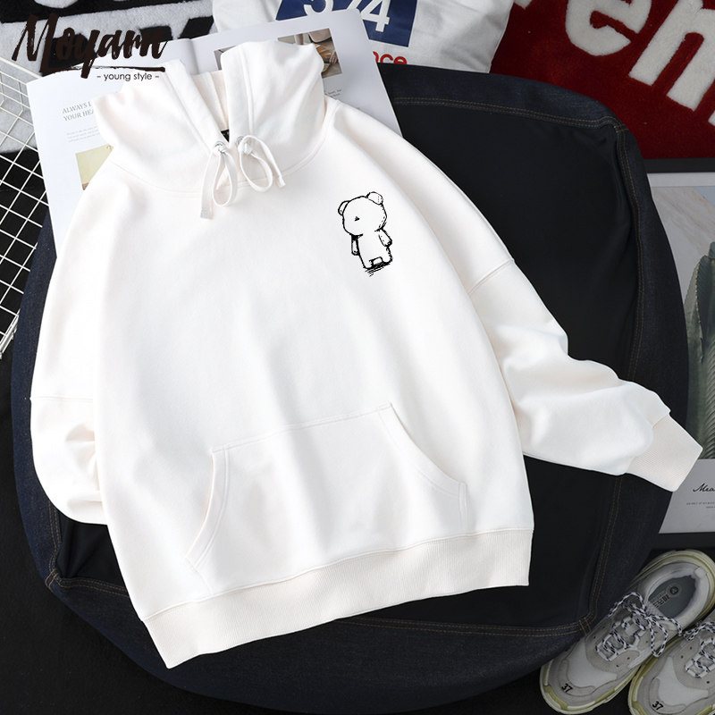 白色卫衣带帽2021年新款女潮ins薄款宽松大码港情侣小熊外套春秋
