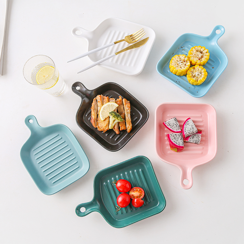 北欧餐具盘子创意网红盘子菜盘家用单柄烤盘陶瓷烤箱用可爱的盘子