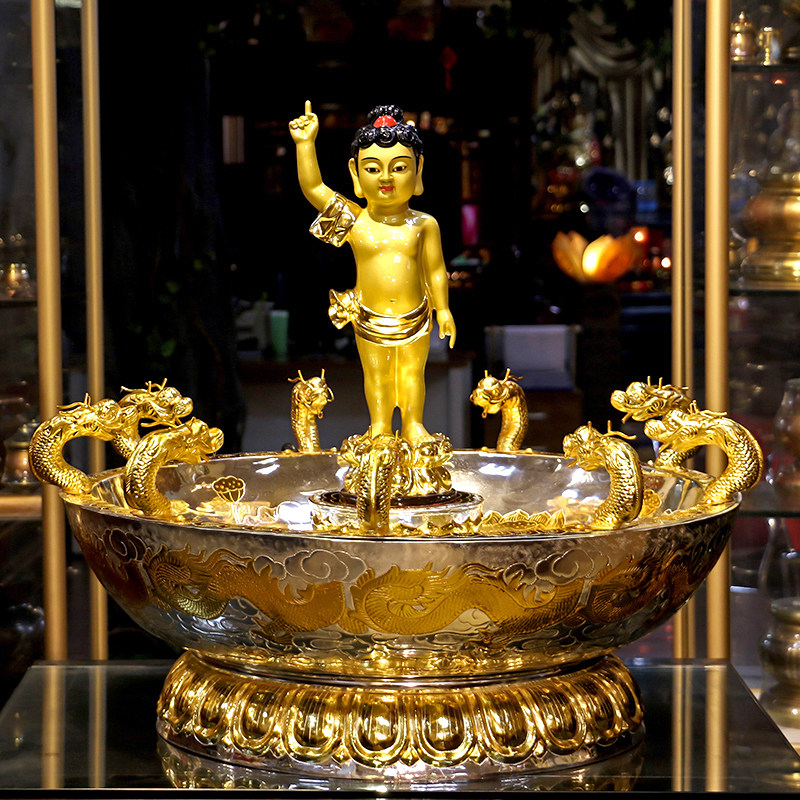 台湾宝华佛具九龙可喷水鎏金银浴佛盆浴佛节纯铜太子佛浴佛用品