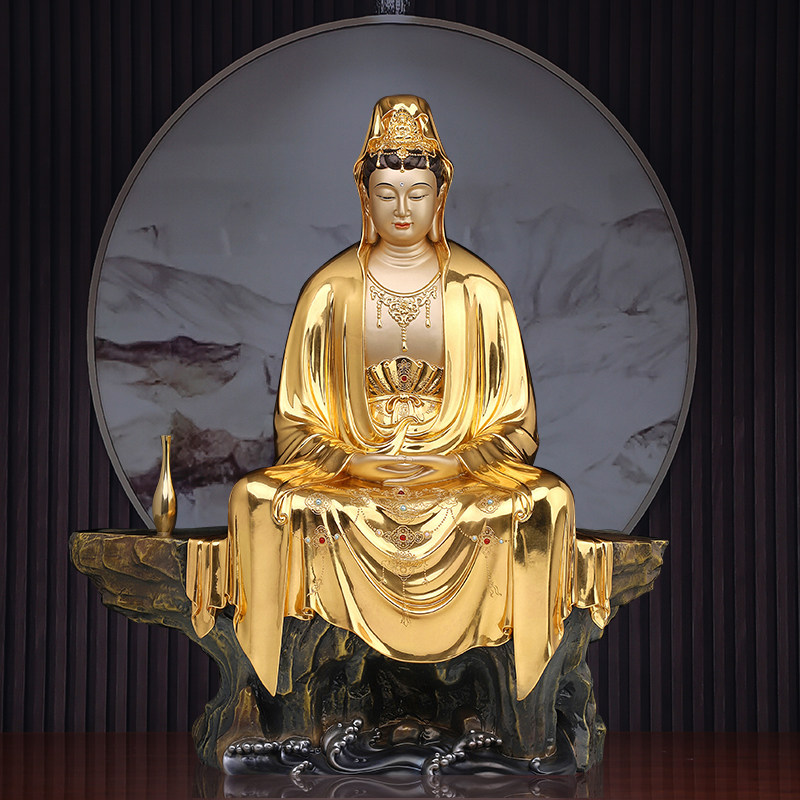 台湾纯铜禅定观音佛像供奉家用自在观音摆件金童玉女善才童子龙女