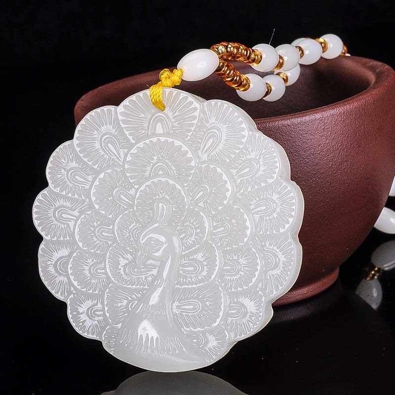 新疆和田玉碧玉满堂彩孔雀玉佩挂件白玉孔雀开屏吊坠玉凤凰毛衣链