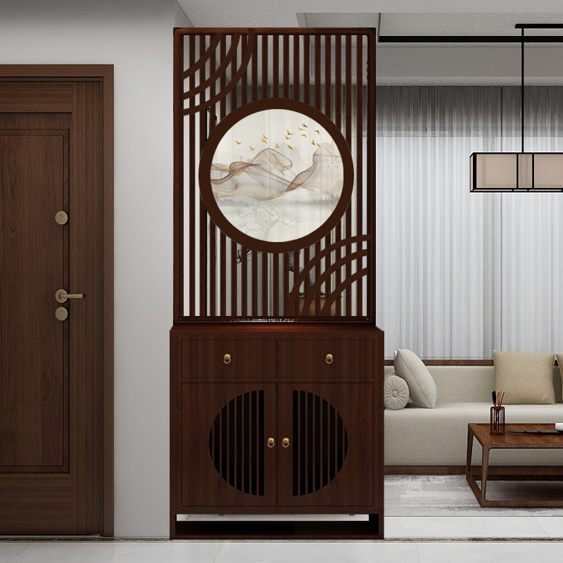 新中式实木屏风隔断客厅玄关柜一体入户鞋柜进门镂空装饰格栅置物