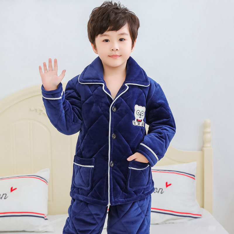 儿童冬季款睡衣三层加厚夹棉男孩卡通男童中大童珊瑚绒家居服套装